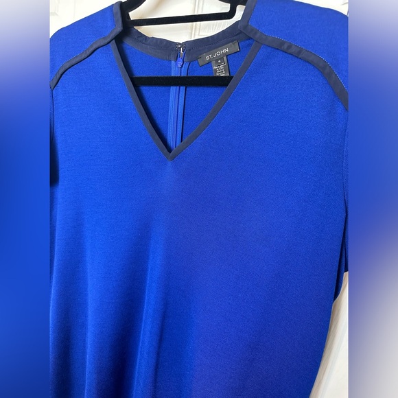 New ST. JOHN Cobalt Blue Dress Wool Shift Sheath Sweater Knit Navy Silk Trim - Picture 3 of 16
